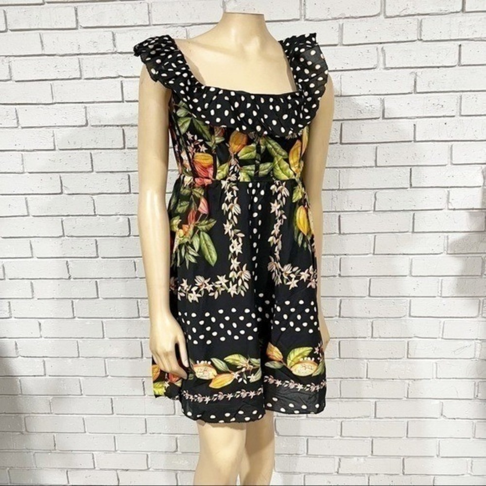 Farm Rio Tropical Fruit Polka Dot Ruffle Mini Dress Boho Statement M NWT